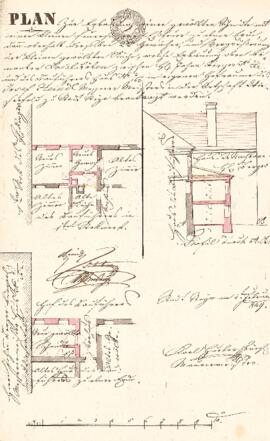 Mittere Gasse 5: Einreichplan Errichtung einer Schmiede und Aufstockung, Plan von Karl Hueber (04...