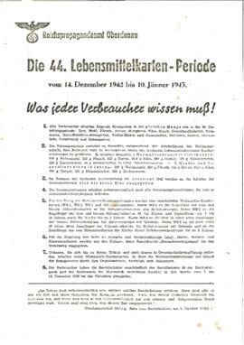 Infoblatt über die 44. Lebensmittelkarten-Periode (1942/43)