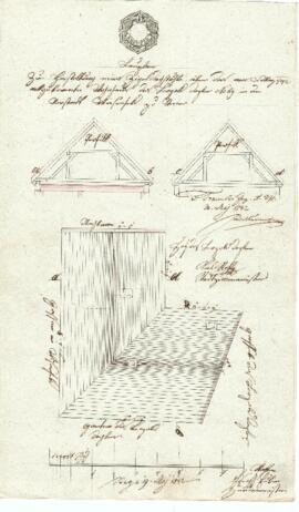 Wieserfeldplatz 2: Dachausmittlung nach Brand, Plan von Josef Huber (19.05.1842)