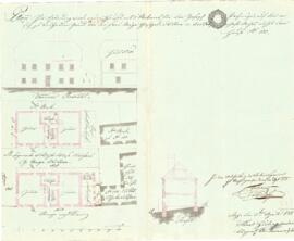 Erbauung des Hauses Grundriss EG, 1.OG, Ansicht u. Schnitt von Karl Hueber jun. (3.4.1838)
