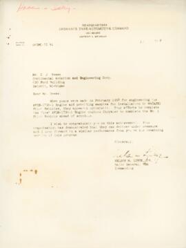 Brief von Major General Lynde Jr. an Continental (Juli 1958)