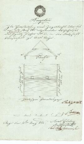 Wieserfeldplatz 14: Dachausmittlung nach Brand, Plan von Karl Glinser u. Karl Stohl (10.05.1842)
