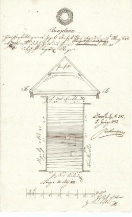 Sierninger Straße 41: Dachausmittlung nach Stadtbrand, Plan von Josef Huber (30.05.1842)