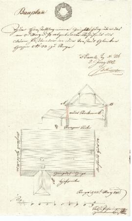 Gleinker Gasse 20: Dachausmittlung nach Brand, Plan von Sebastian Pühringer (22.05.1842)