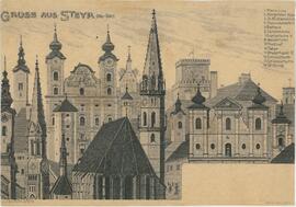 Gruß aus Steyr mit wichtigen Gebäuden Steyrs, von Josef Diltsch