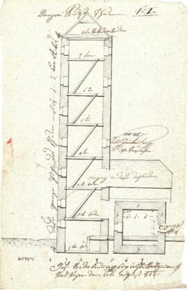 Zwischenbrücken 3, 4: Schnitt durch den Wasserturm, Grundriss EG, Plan von Jos. Vorderbrunner (20...