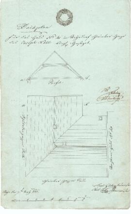 Gleinker Gasse 21: Dachausmittlung nach Brand, Plan von Karl Hueber u. Karl Stohl (07.05.1842)