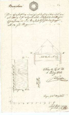 Schuhbodengasse 3: Dachausmittlung nach Brand, Plan von Sebastian Pühringer (15.05.1842)