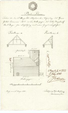 Mittere Gasse 9: Dachausmittlung nach Brand, Plan von Wolfgang Schrattenholzer (18.05.1842)