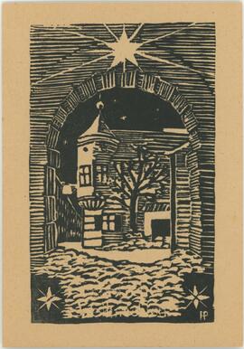 Derflererker am Grünmarkt, Linolschnitt von Helmut Pernegger-Schulz, o. J.