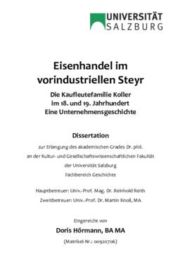 Hörmann, Doris: Eisenhandel im vorindustriellen Steyr. Die Kaufleutefamilie Koller im 18. und 19....