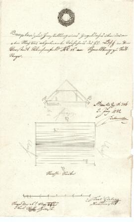 Mittere Gasse 34: Dachausmittlung nach Stadtbrand, Plan von Karl Stohl, u. Karl Hueber (26.05.1842)