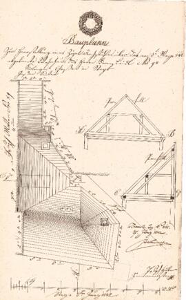 Sierninger Straße 23: Dachausmittlung nach Brand, Plan von Joseph Huber (03.06.1842)