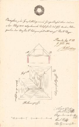 Mittere Gasse 22: Dachausmittlung nach Brand, Plan von Karl Stohl u. Karl Hueber (25.05.1842)