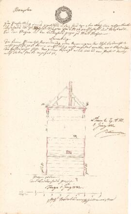 Sierninger Straße 49: Dachausmittlung nach Brand, Plan von Josef Vorderbrunner (01.06.1842)