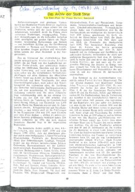 Franz Huter, Das Archiv der Stadt Steyr, in: Österreichische Gemeindezeitung 14/23 (1948), S. 13–14.