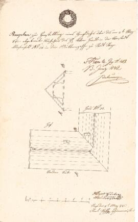 Mittere Gasse 2: Dachausmittlung nach Brand, Plan von Karl Stohl u. Karl Hueber (04.05.1842)