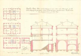 Brucknerplatz 3: Errichtung des Gebäudes, Grundrisse KG, EG, 1.OG, Schnitte, Plan von Joh. Bennin...