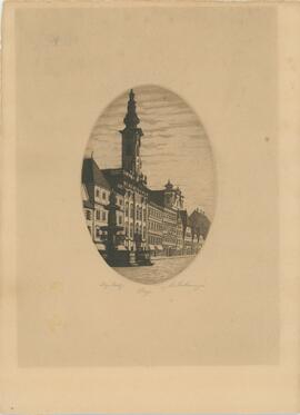 Rathaus mit Leopoldibrunnen, Original Radierung von Krottenmayer (Zwischenkriegszeit)