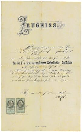 Zeugnis der ÖWG für Josef Bielek (1876)