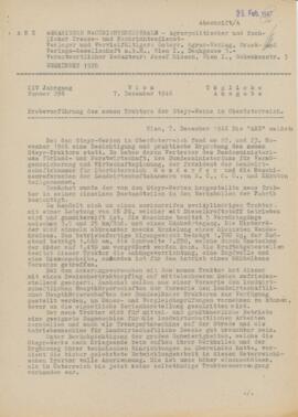 Artikel "Probevorführung des neuen Traktors der Steyr-Werke in Oberösterreich", in: ANZ...