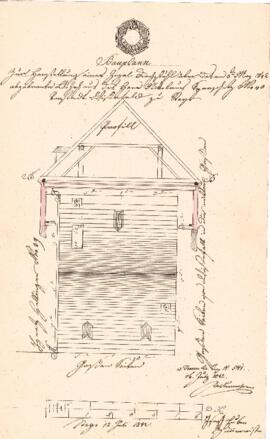 Zachhubergasse 4: Einreichplan Dachausmittlung nach Stadtbrand, Plan von Joseph Huber (12.07.1842)