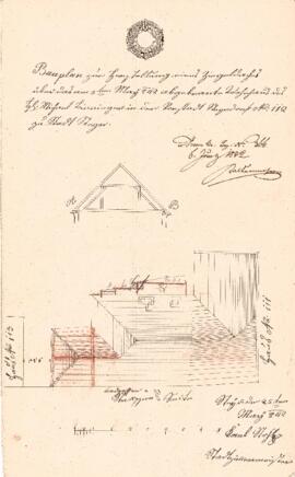 Fabrikstraße 10: Dachausmittlung nach Brand, Plan von Karl Stohl (25.03.1842)