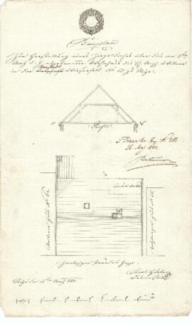 Wieserfeldplatz 10: Dachausmittlung nach Brand, Plan von Karl Hueber (16.05.1842)