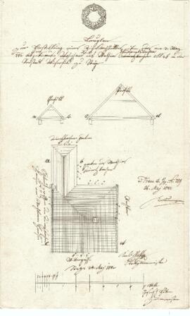 Mittere Gasse 14: Dachausmittlung nach Stadtbrand, Plan von Karl Stohl u. Josef Huber (24.05.1842)