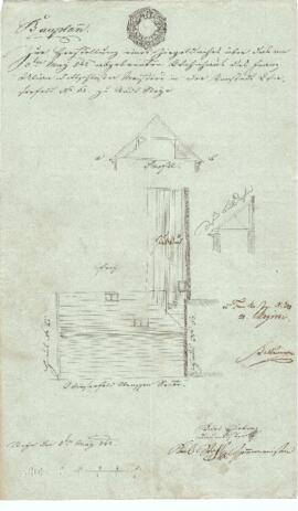 Wieserfeldplatz 16: Dachausmittlung nach Brand, Plan von Karl Hueber u. Karl Stohl (08.05.1842)