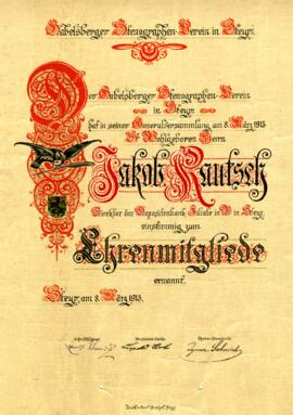 Ehrenmitgliedschaft für Kautsch Jakob im Gabelsberger Stenographenverein (8.3.1913)