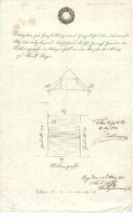 Mittere Gasse 8: Dachausmittlung nach Brand, Plan von Karl Stohl (23.05.1842)