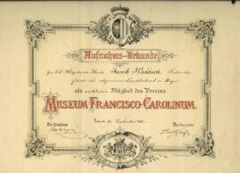 Aufnahmeurkunde für Kautsch Jakob ins Museum Francisco Carolinum (15.9.1887)