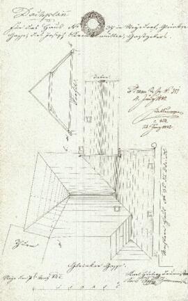 Gleinker Gasse 30: Dachausmittlung nach Brand, Plan von Karl Stohl u. Karl Hueber (07.05.1842)