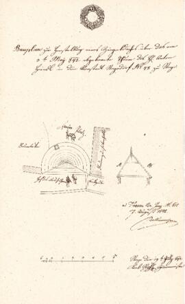 Wieserfeldplatz 48: Dachausmittlung Stadtmauerturm nach Brand, Plan von Karl Stohl (19.07.1842)