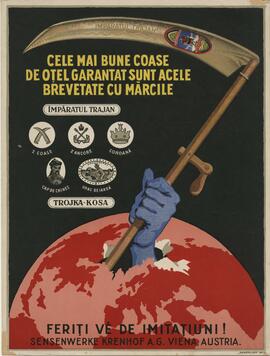 Plakat mit Weltkugel, aus der eine Hand reicht, die eine Sense hält